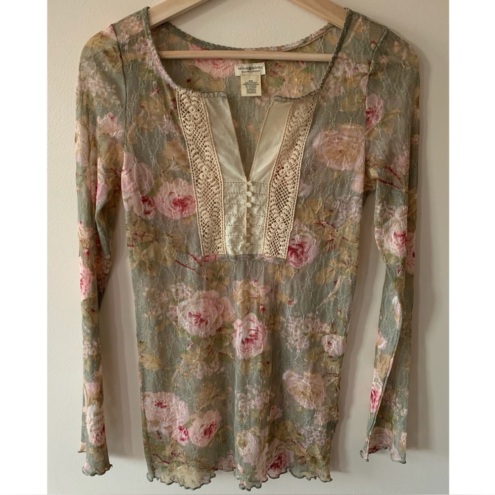 Denim & Supply • M • Long Sleeve Sheer Mesh Lace Floral Print Long Sleeve Top